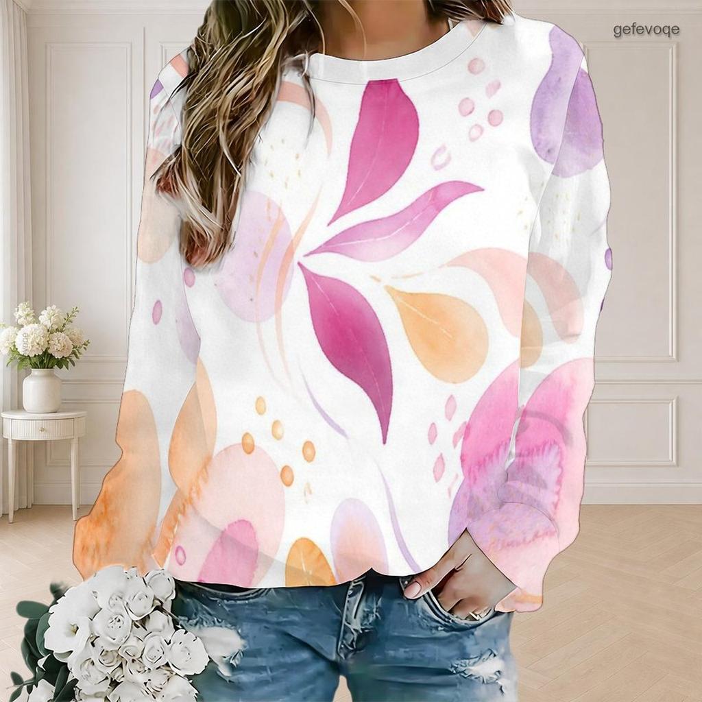Women Plus Size Round Neck Long Sleeve Abstract Printed Ribbed Cuffs Pullover Sweatshirt