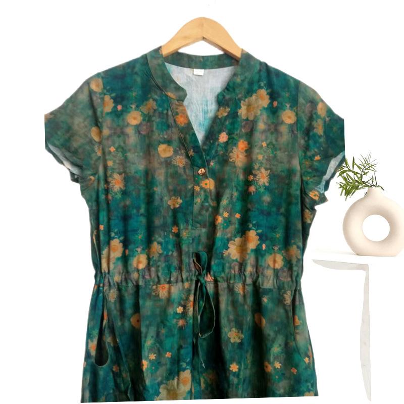 Breathable and Comfortable Summer Short-sleeved Thin Cotton Nightgowns Women's Tie Waist Loose Floral Casual Dresses