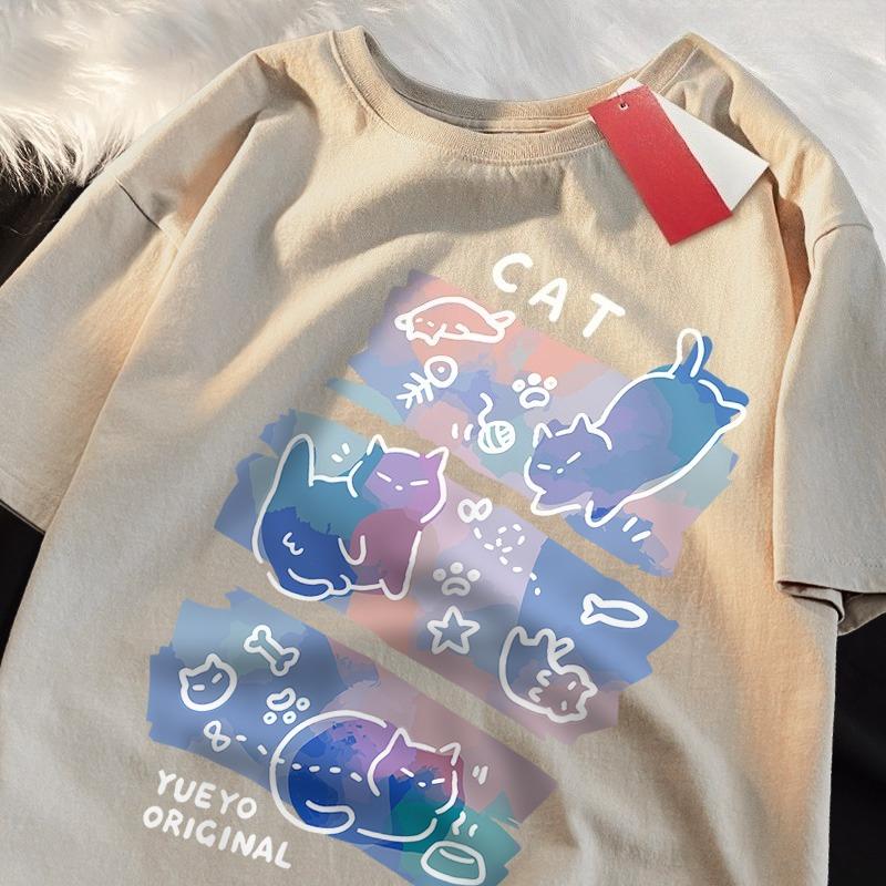 Fun Mischievous Cat Print Japanese Style Tshirts Unisex Unisex Fashion Tshirs Breathable Summer Tshirts Cotton Loose Tee Clothes