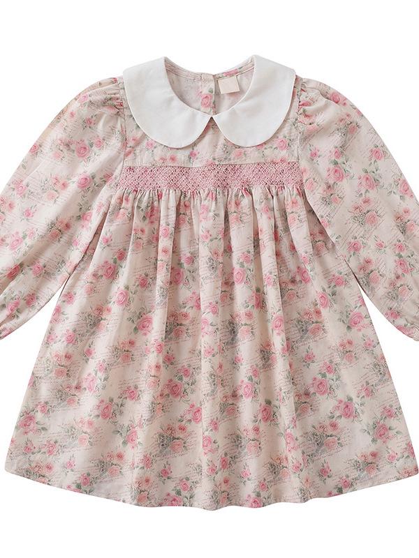 2026 Autumn French-Korean Style Doll Collar Girls' Printed Long Sleeve Dress with Ruched Skirt