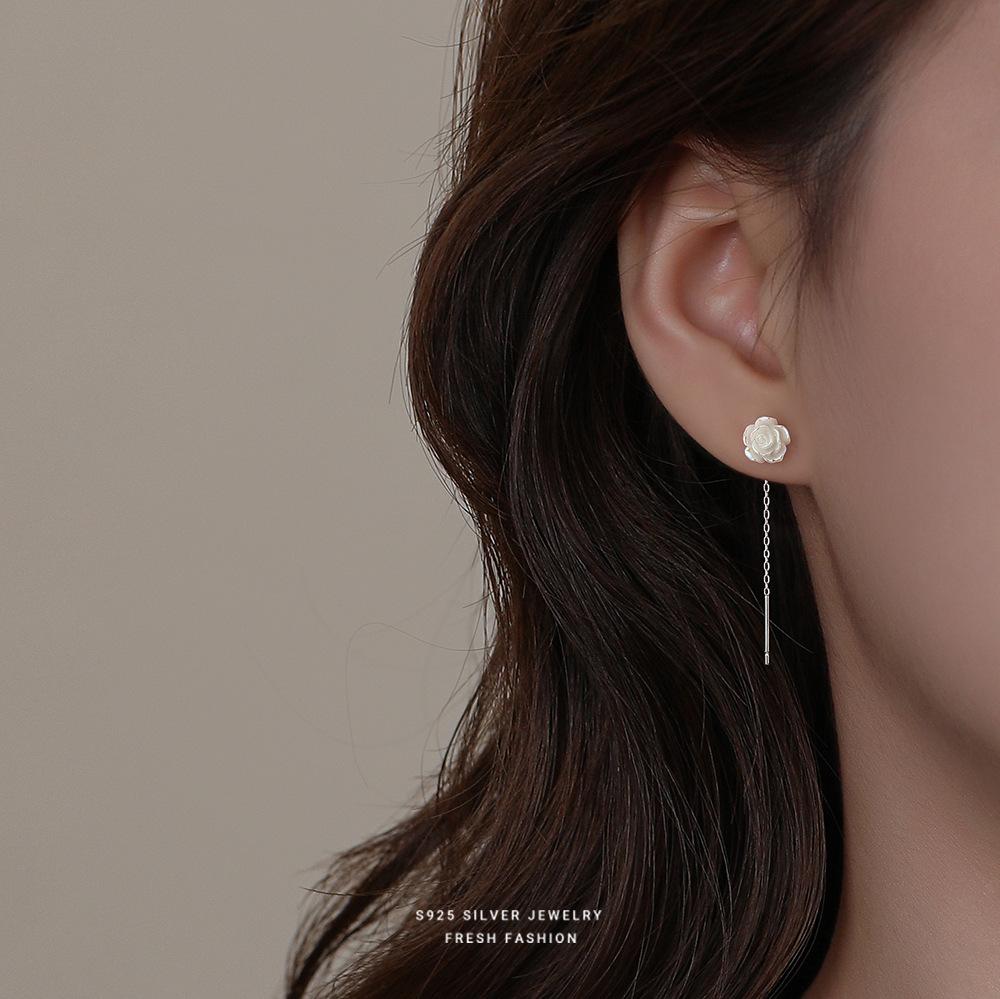 

925 Sterling Silver Camellia Ear Line Resin Flower Tassel Delicate Earrings for Women