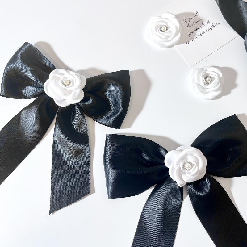 Camellia Flower Ribbon Brooch Black White French Style Pin Brooch For Women Shirt Collar Pins Vintage Party Brooches Jewelry