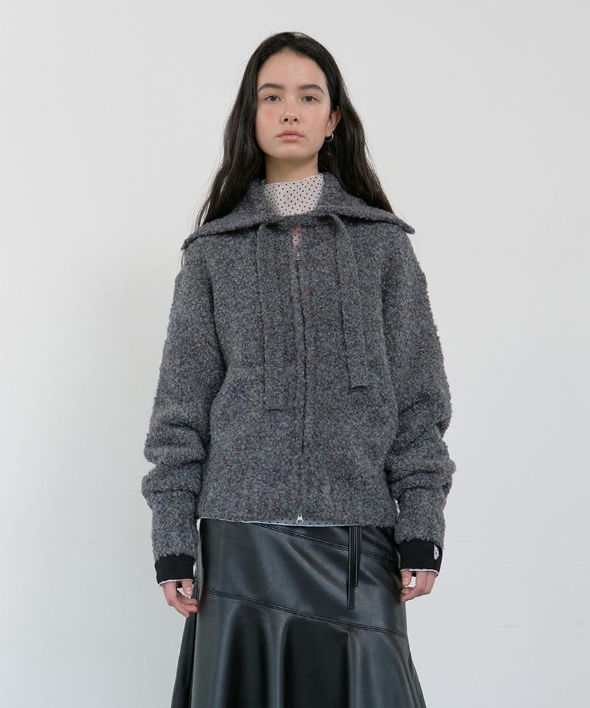 MA JOURNEE Tie Set Cozy Boucle Knit Zip-Up_Charcoal Blue