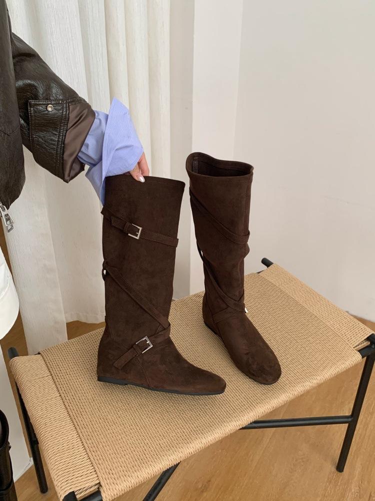 Inner heightening boots women's 25 new autumn retro versatile stacking boots belt buckle slim tall knight boots