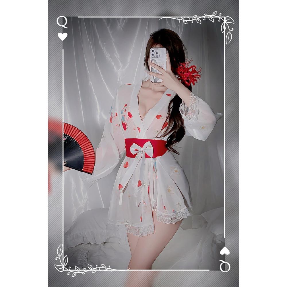 Sexy Lingerie Pure Desire Thin Perspective Strawberry Kimono Seduction Hot Pajamas Bed Passion Uniform Set
