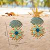 Blue Scallop Stud Earrings, Beach Ocean Vacation Shell Earrings, Shiny Rhinestone Earrings, Women's Seaside Play Wear