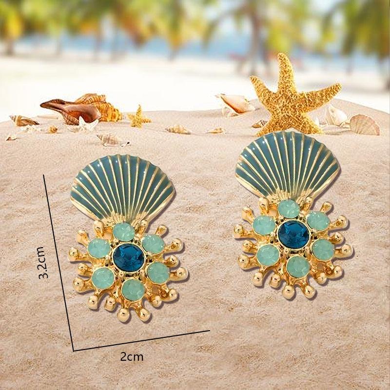 Blue Scallop Stud Earrings, Beach Ocean Vacation Shell Earrings, Shiny Rhinestone Earrings, Women's Seaside Play Wear