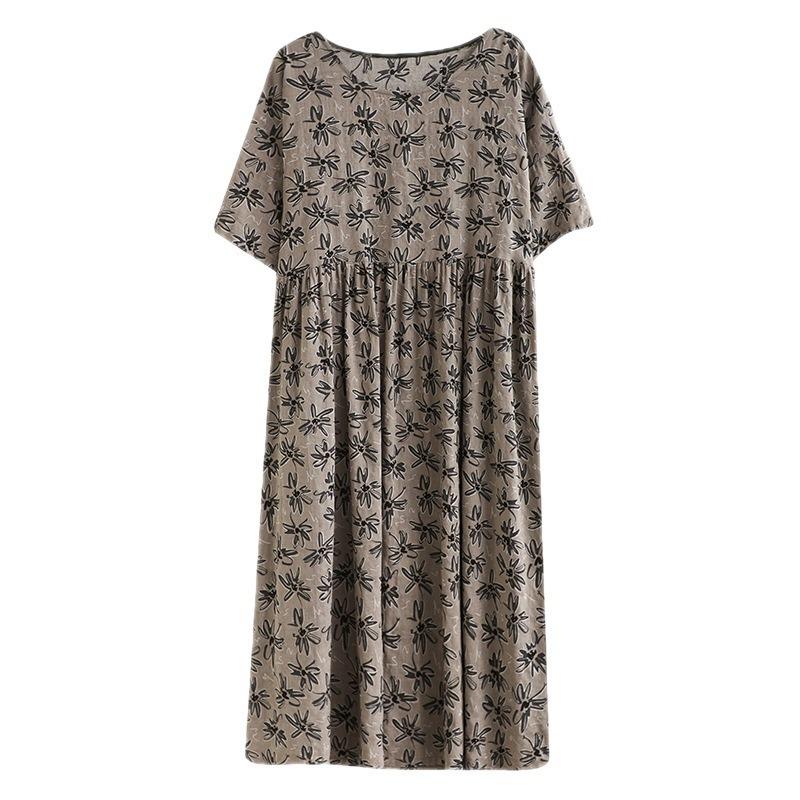 Real shot summer new literary large size loose printing round neck short sleeve dress women's long dress