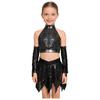 Girls Jazz Sleeveless Keyhole Back Sequins Crop Top Asymmetric Metallic Skirt Sequined Tassels Gloves Set