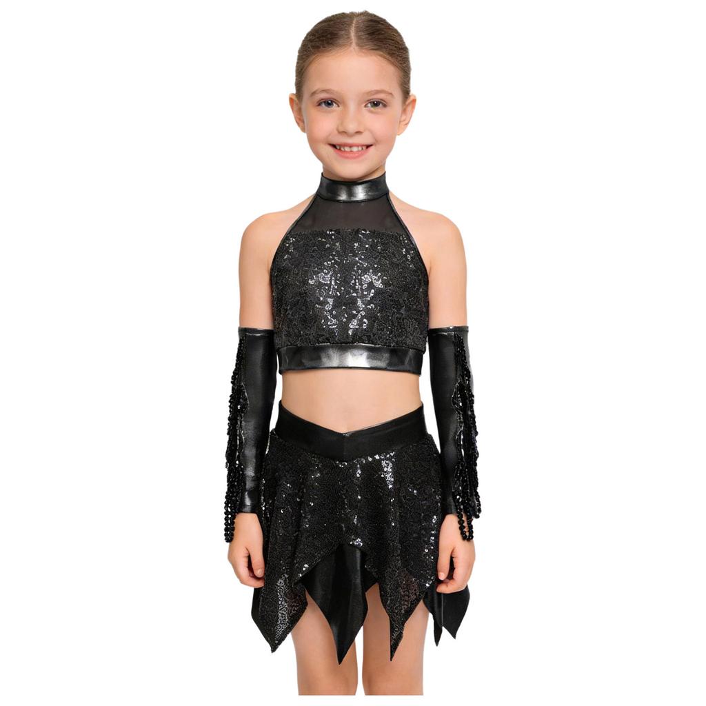 Girls Jazz Sleeveless Keyhole Back Sequins Crop Top Asymmetric Metallic Skirt Sequined Tassels Gloves Set