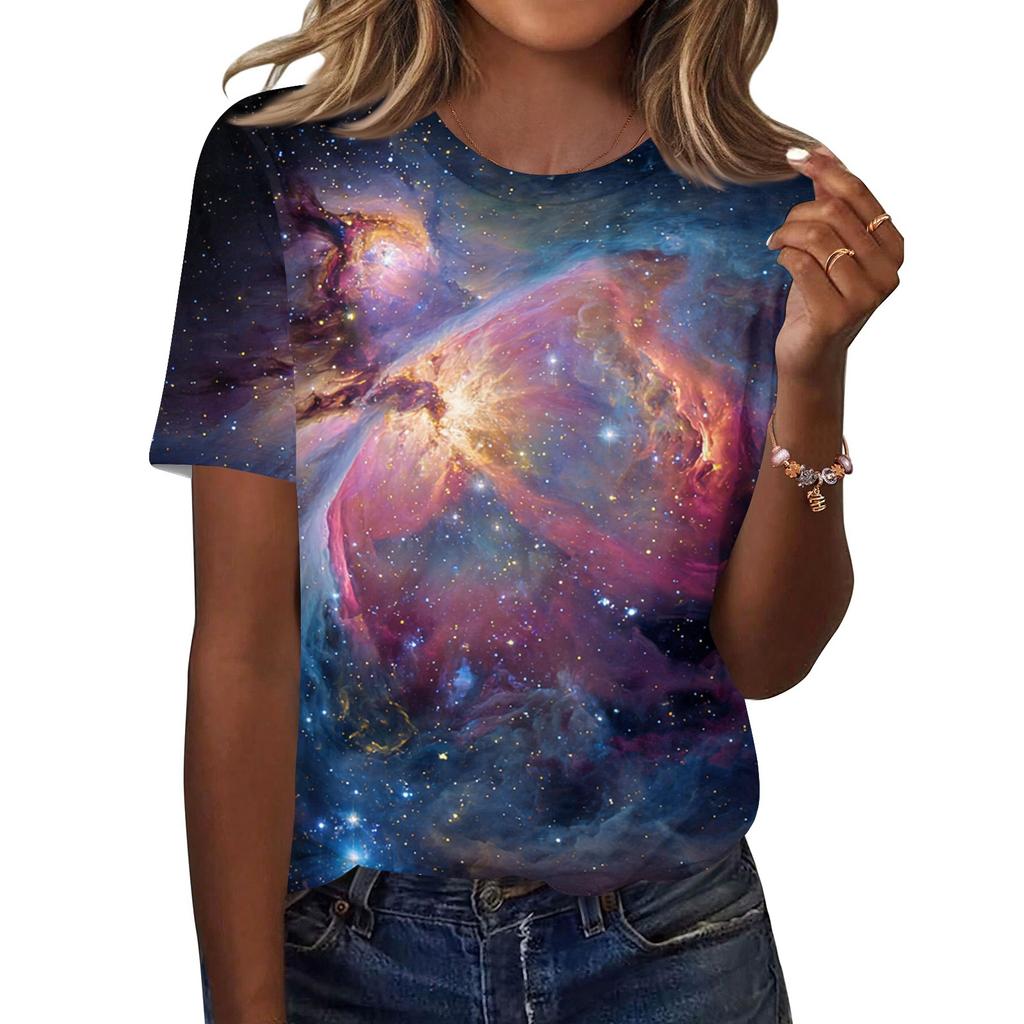 Dámské módní ležérní tričko s krátkým rukávem a potiskem, s kulatým výstřihem