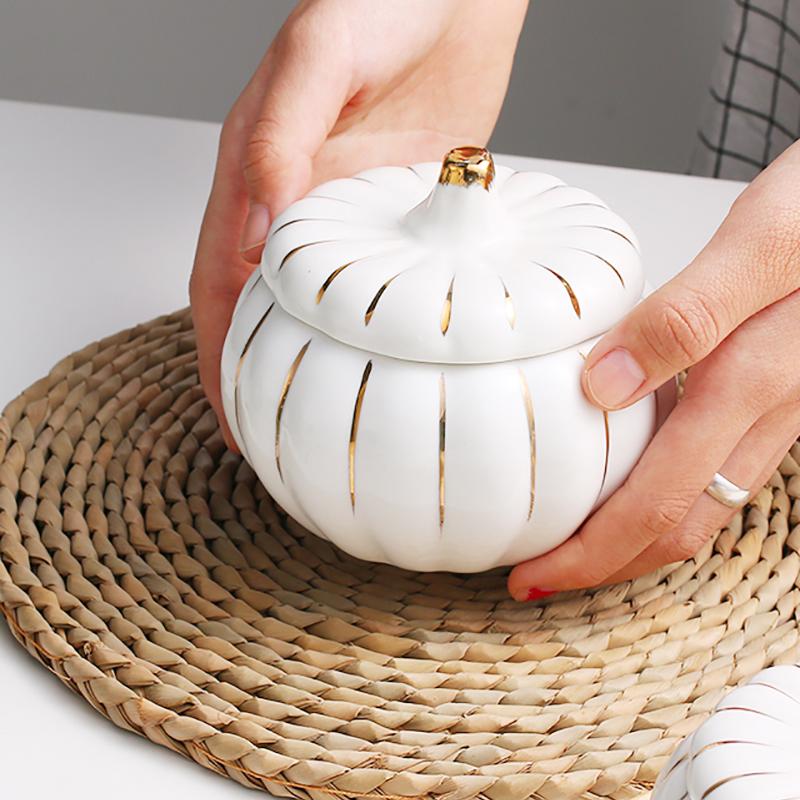 Ceramic Pumpkin Bowl with Lid Creative Soup Cup Steamed Egg Bird's Nest Small Stew Cup Kitchen Ceramic Fruit Dessert Salad Bowl