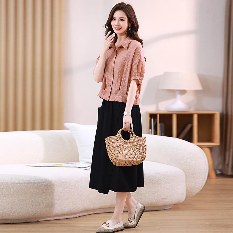 2025 Summer Plus Size Two-Piece: Skirt & Shirt Collar Top - Casual, Loose, Age-Reducing for Women