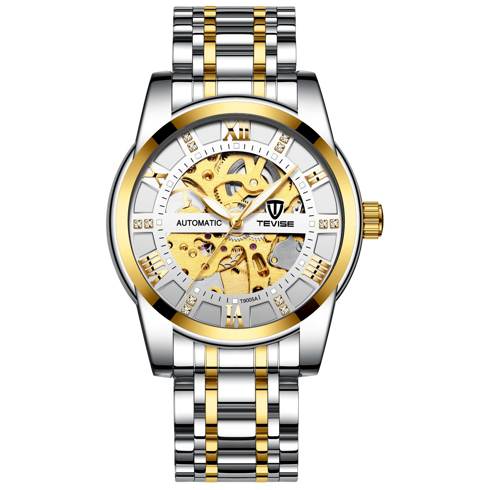 TEVISE Men Automatic Mechanical Wrist Watch Luxury Brand Stainless Steel Mens Watch Fashion Skeleton Watches белый/золотой