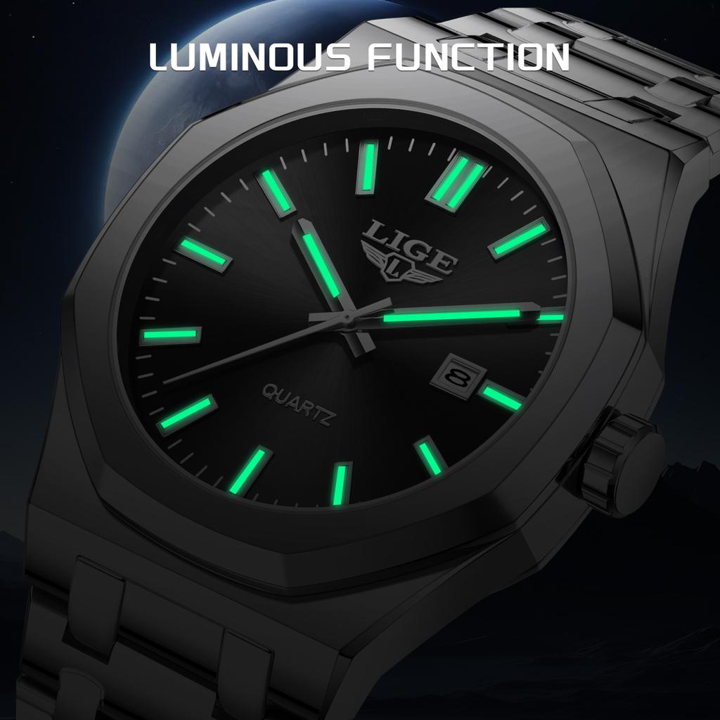 LIGE Mens Watches Super Luminous Auto Date Quartz Man Wristwatches Stainless Steel 3ATM Waterproof Male Gift Box Package