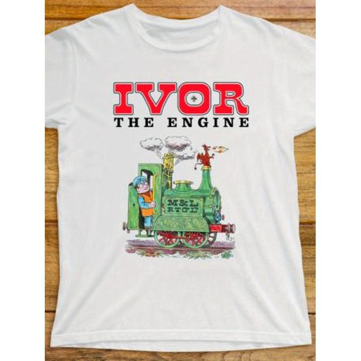 Футболка Ivor The Engine Стиль GT376 E Белая Повседневная с Круглым Вырезом и Знаковым Принтом Персонажа Ивора, Машинная Стирка, Идеально для Всех Сезонов & S чёрный