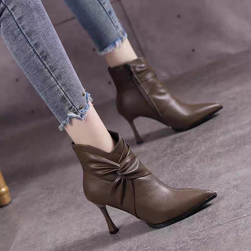 European and American fashion high-heeled short boots for women's winter new pointed-toed velvet warm-keeping thin-heeled pleated thin boots