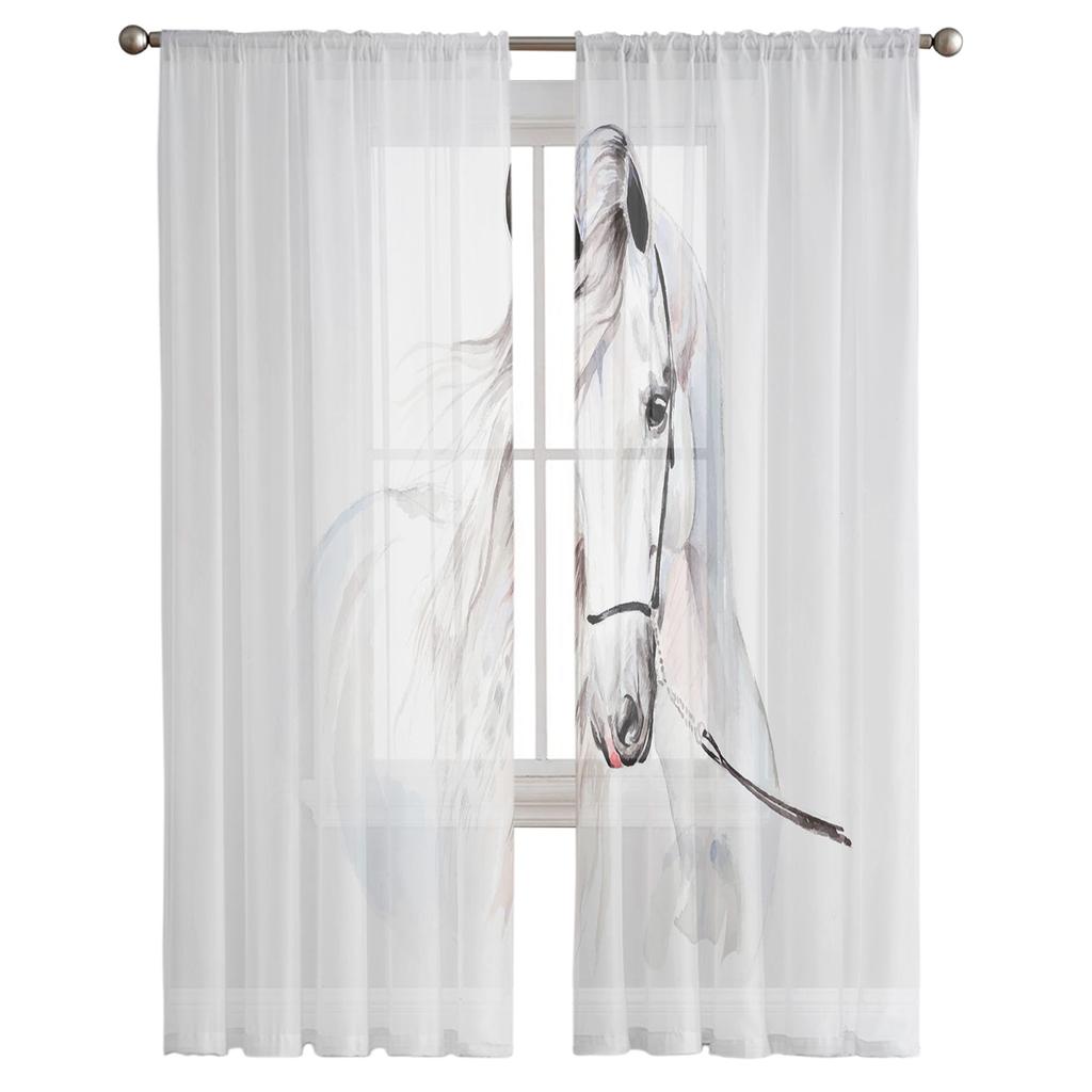 Tier Pferd Aquarellmalerei Tüllgardinen für Wohnzimmer Schlafzimmer Dekoration Chiffon Transparent Voile Küchenfenstervorhang