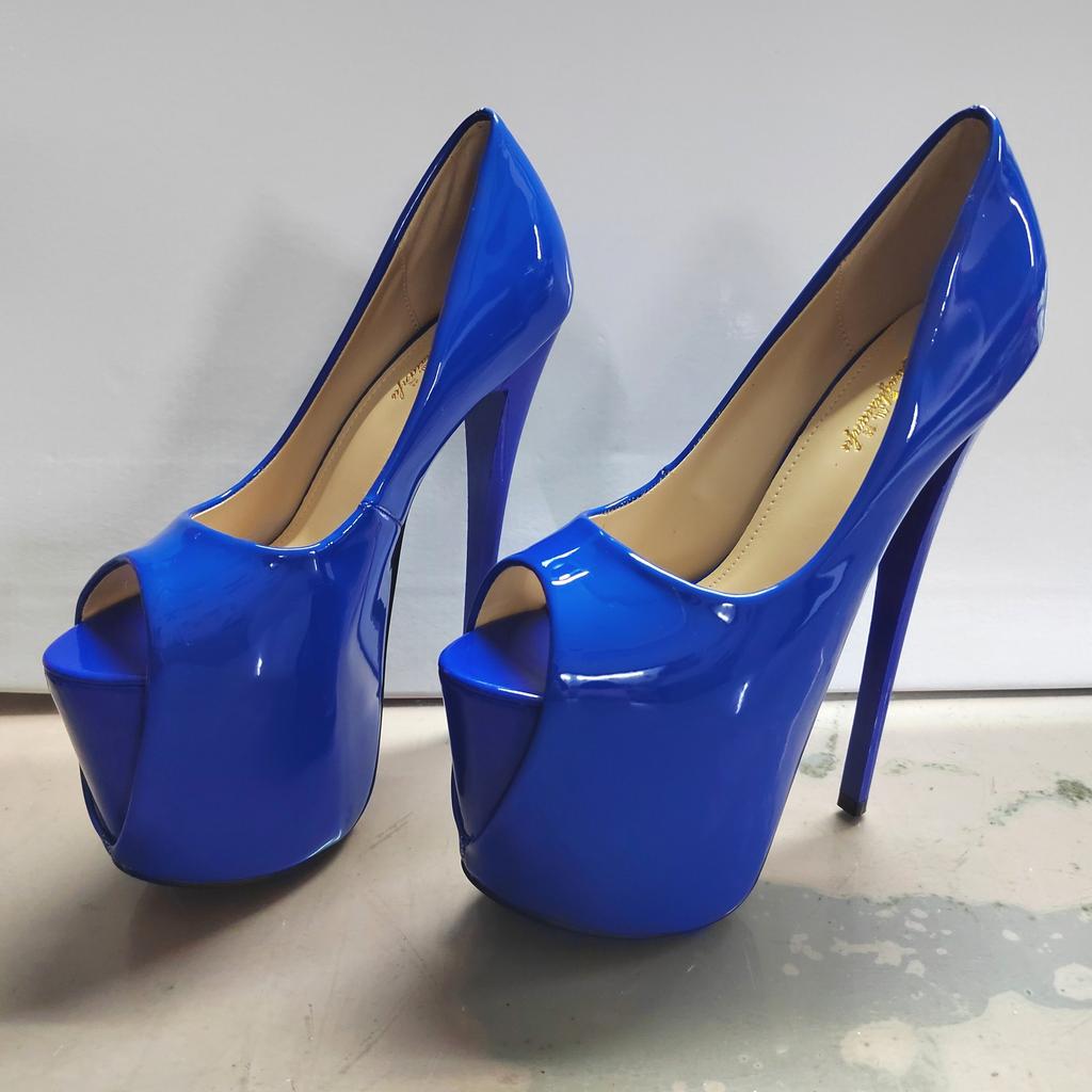 Crossdresser Sexy Stilettos 19 22cm Thin High-Heeled Patent Leather Platforms Shoes Woman Evening Party Peep Toe Pink Pumps