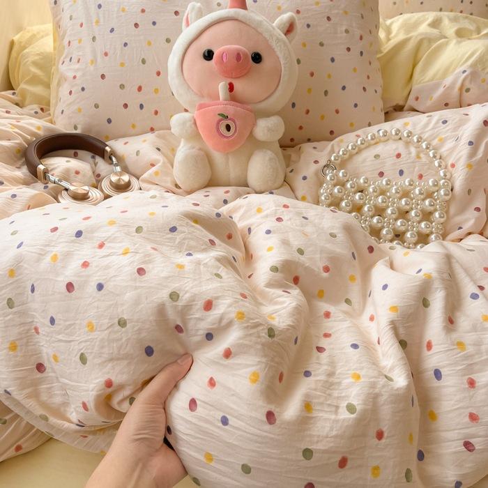 Class A soft waxy washed cotton four-piece bedding cute small fresh quilt cover bed sheet student dormitory bed hat model