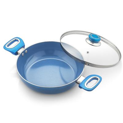 Blue Ceramic Non Stick Induction Base Deep Kadai 24Cm with Glass Lid