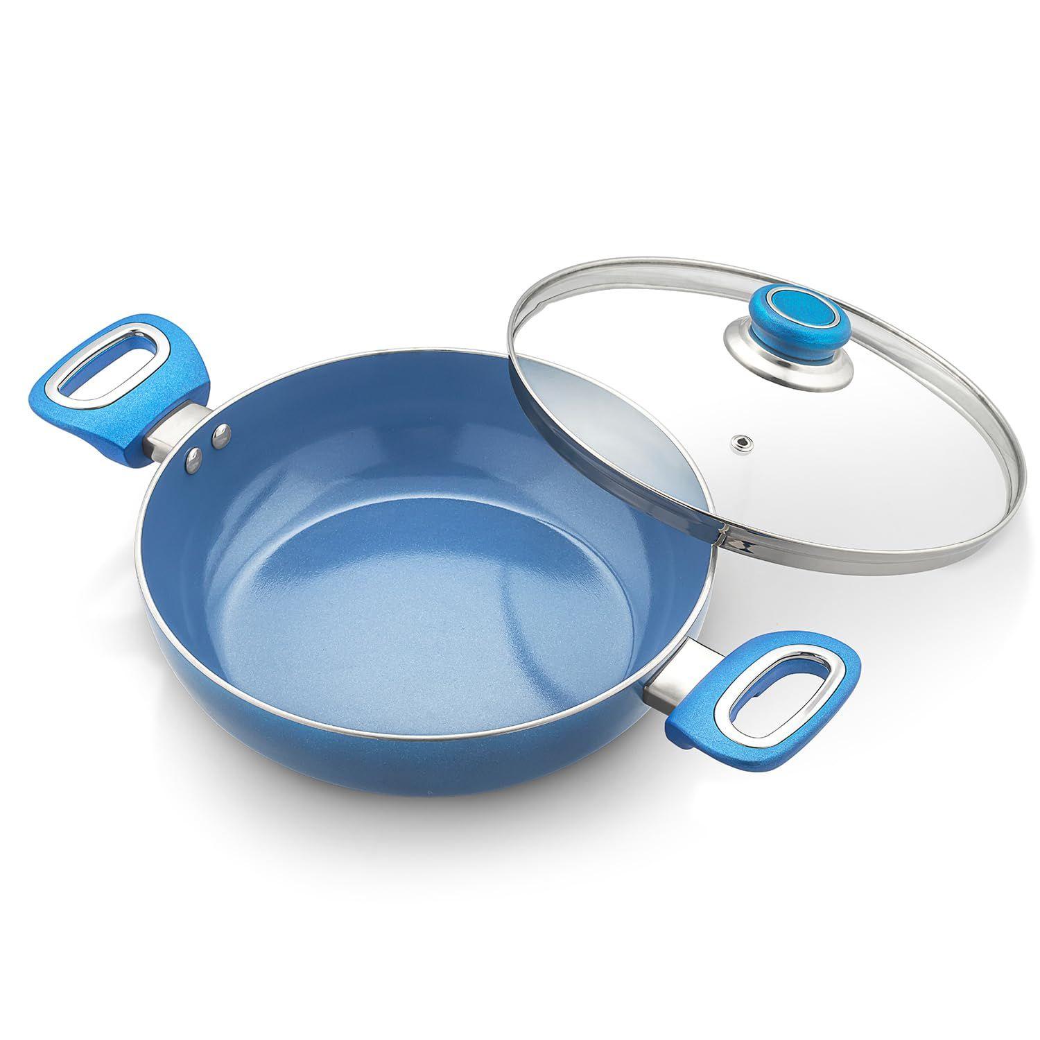 

Blue Ceramic Non Stick Induction Base Deep Kadai 24Cm with Glass Lid