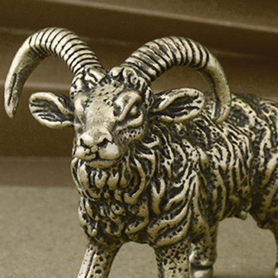 Yousheng Brass Goat Figurine Vintage Long Horn Sheep Model Mini Animal Metal Statue Sculpture Desktop Feng Shui Desktop Decoration Ornament