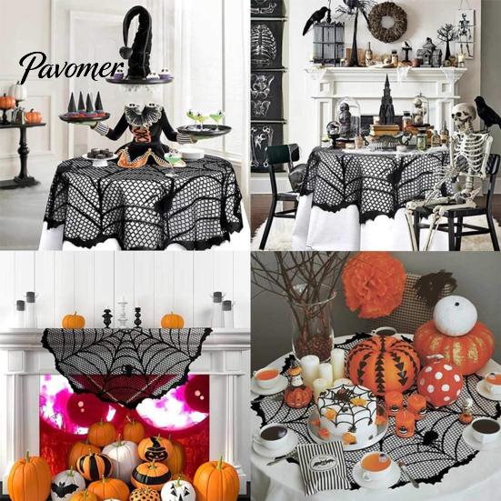 Spider Web Lace Fabric Decor Halloween Tablecloth, Black Table Cover, Spooky Gothic Home Bundle Lamp Shade for Masquerade, Party, Dinner Decoration