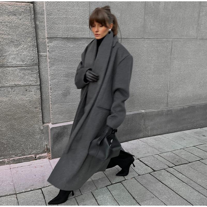 Casaco de lã com gola cachecol chique de cor sólida, bolsos elegantes, jaquetas trespassadas, novo vestuário feminino grande