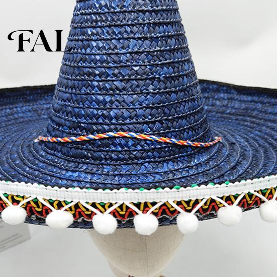 Kapelusz Wakacyjny dla Dorosłych Meksykańskie Sombrero z Kolorowymi Pomponami, Pleciony Słomkowy Kapelusz Słoneczny w Stylu Hawajskim, Szerokie Rondo, Lekki, na Imprezę Kostiumową Halloween