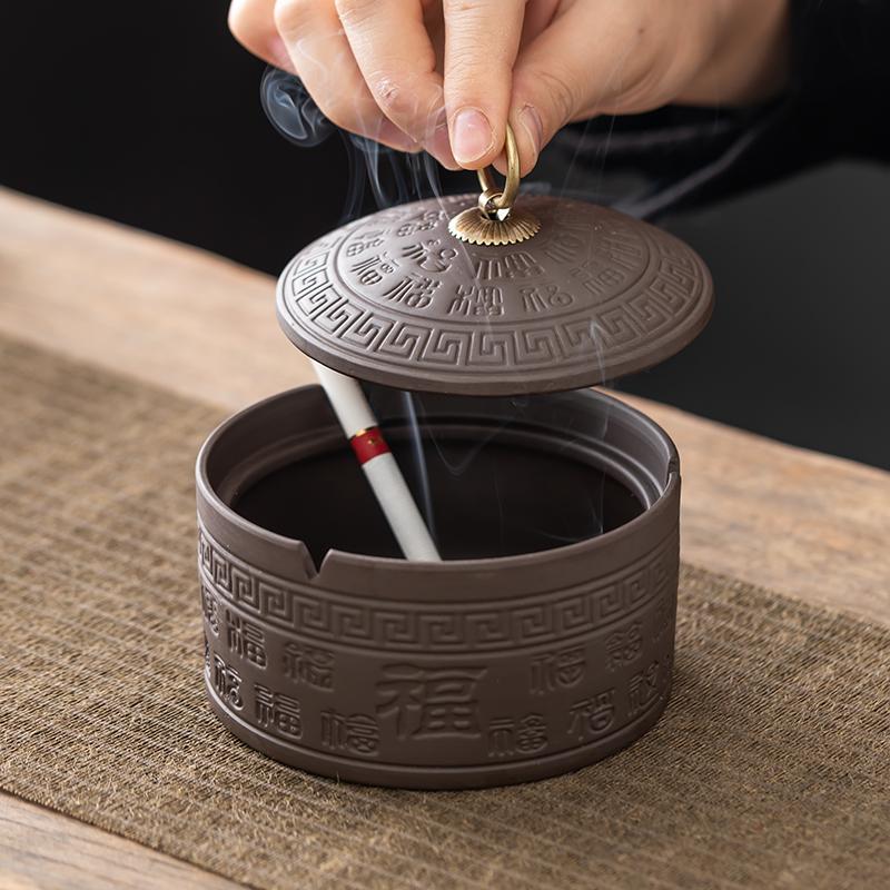 Living Room Purple Clay Ashtray with Lid Anti Fly Ash Smoke Vintage Ceramic Home Decor Ornaments Large Capacity Ashtray