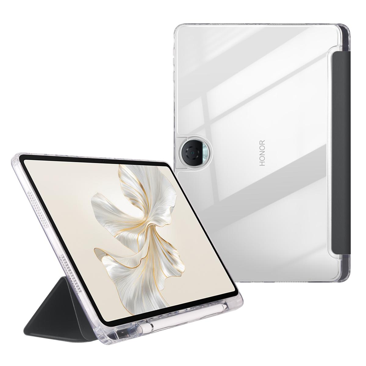 

For Honor Pad 9 Case Tri-Fold Stand Leather + TPU + Acrylic Clear Back Tablet Cover A