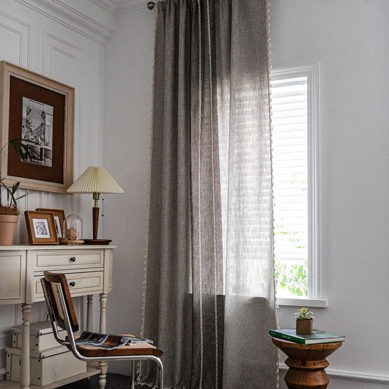 

American Style Linen Embroidered Curtains With Tassel Semi-shading Drapes Farmhouse Kitchen Living Room Window Curtain W132 x H45cm&Threading Rod