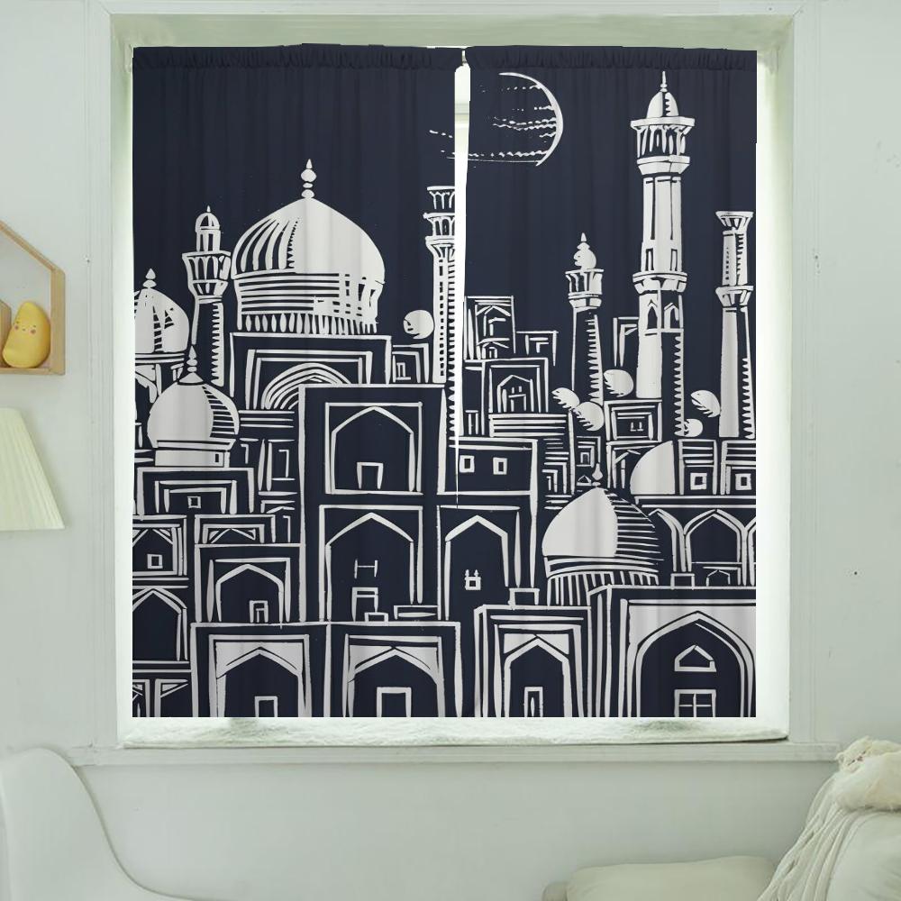 Kitchen Curtains for Living Room 2 Pieces Blackout Curtains Door Curtain Ancient Architecture Partition Bedroom Decoration Shade