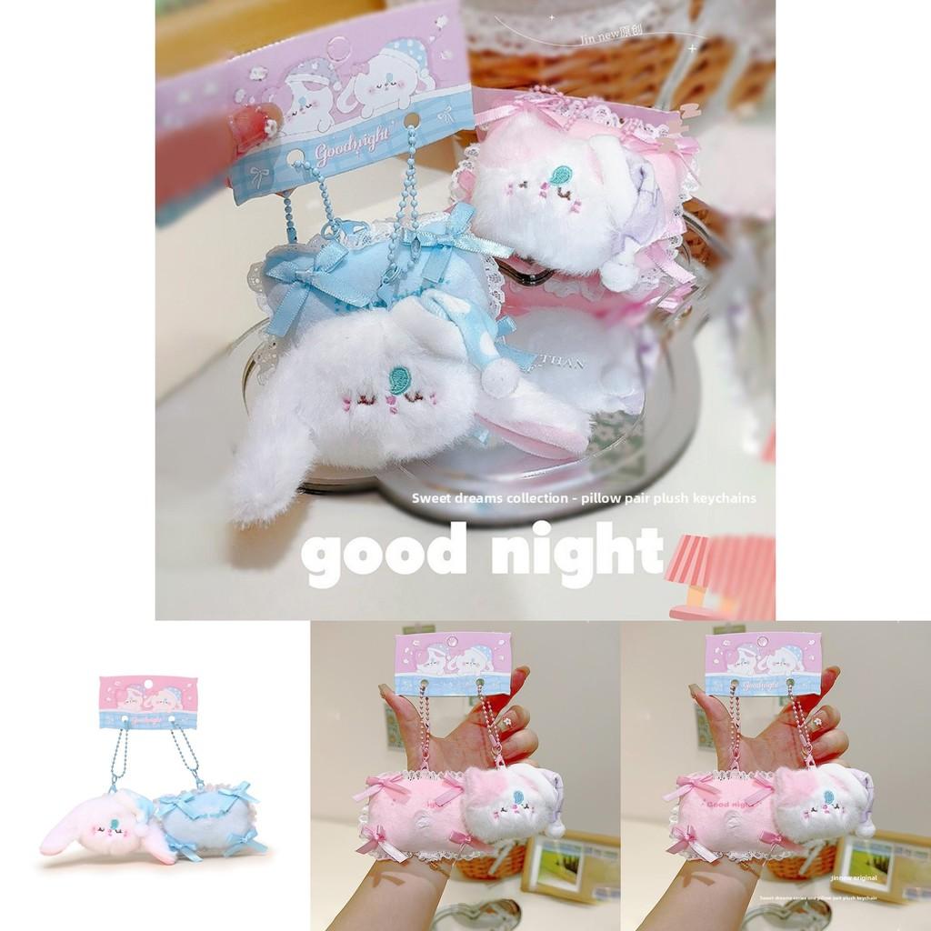Plush Rabbit And Pillow Keychain With Bow Tie And Nightcap Decor For Cute Bag Accessories