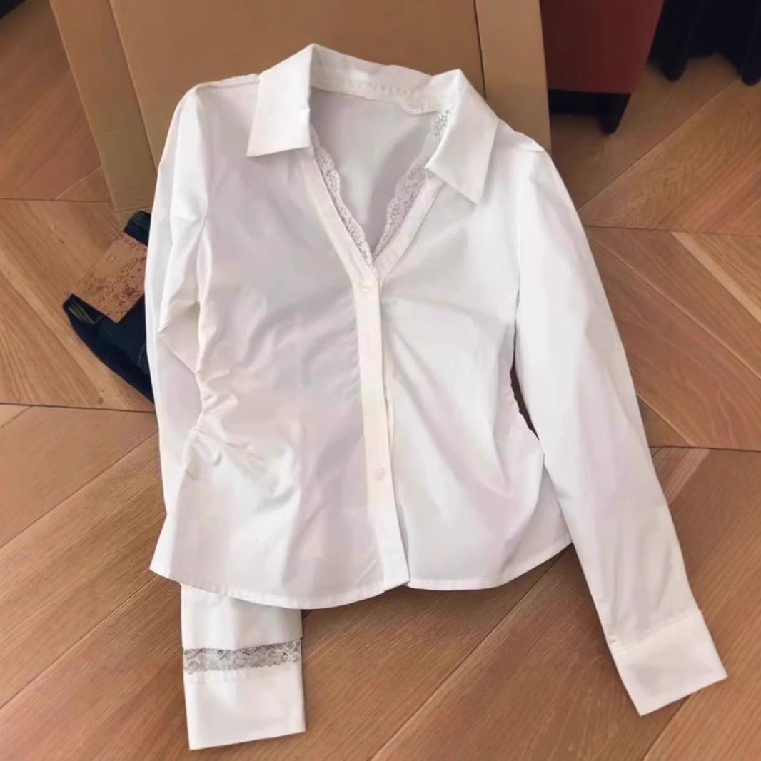 

Женская блузка из двух частей с длинным рукавом, кружевной вставкой, воротником поло - Белый топ средней длины для защиты от солнца Medium