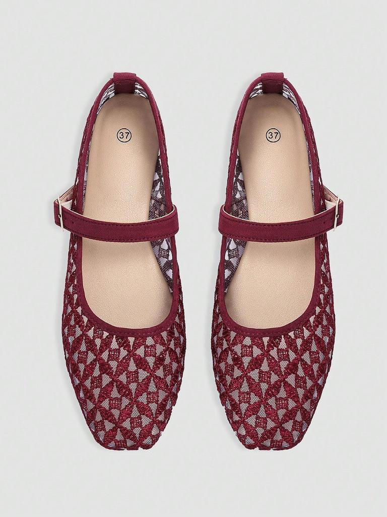 Women's Black Square Toe Ballet Mary Jane Flats with Cross Pattern Embroidery Detail and Black Buckle Strap