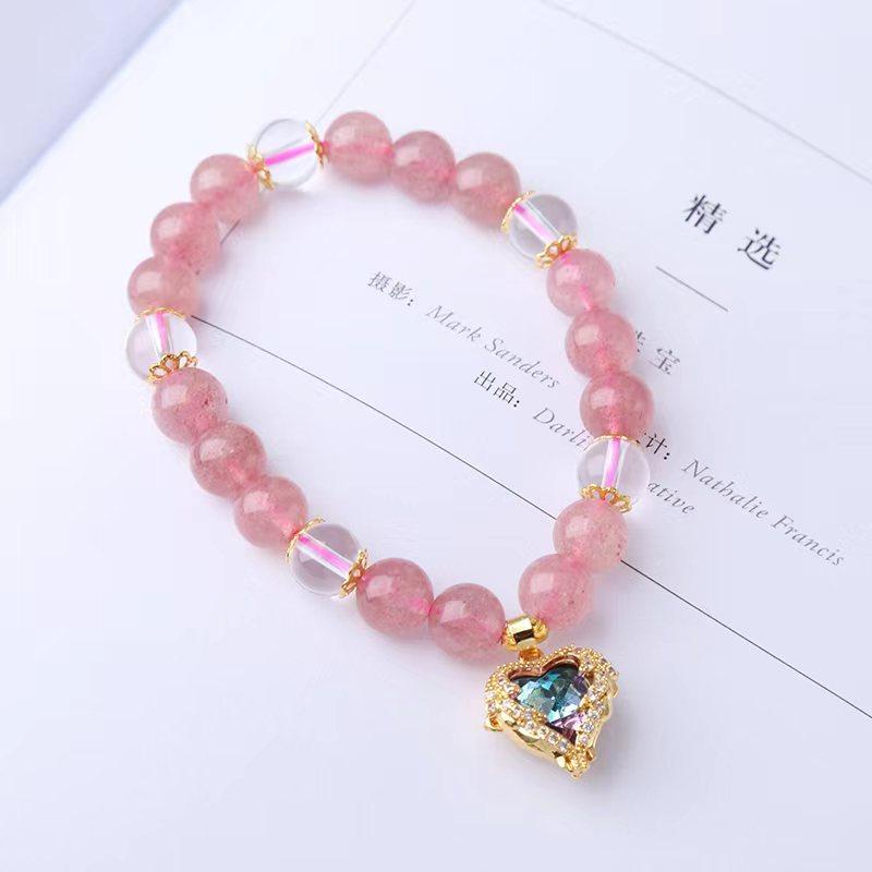 Natural Strawberry Crystal Peach Heart Bracelet Bangles Women Fashion Jewelry Accessories Gift