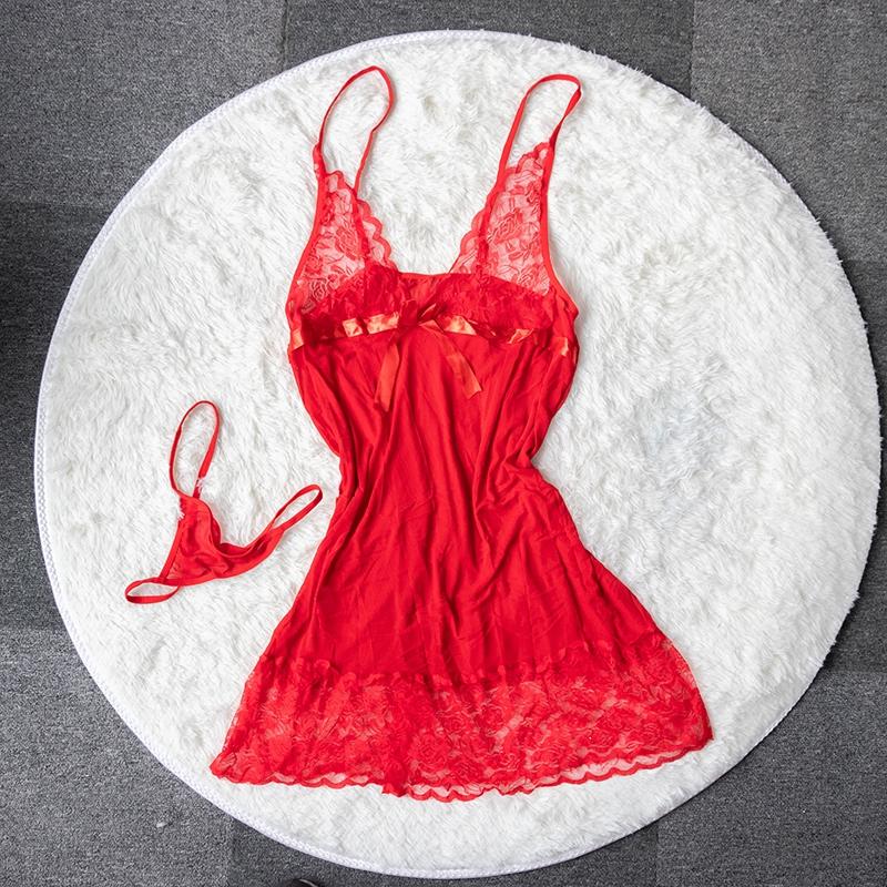 Women's Sexy Pajamas Lace Nightdress And Thong Nightwear Solid Color Sleepwear Sets Black Underwear Ice Silk Transparent Dress