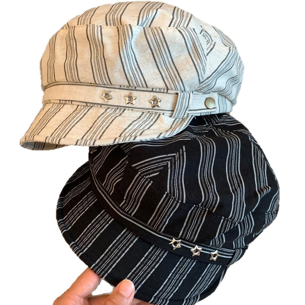 Japanese Striped Star Beret Female Spring And Autumn Korean Version Showing Face Small Versatile Octagonal Hat Fashion Newsboy Hat