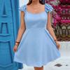 Summer Women's Square Collar Short Sleeve Blue Dress Temperament Fashion Party Dress Backless A-line Dress Plus Size Slim Dress