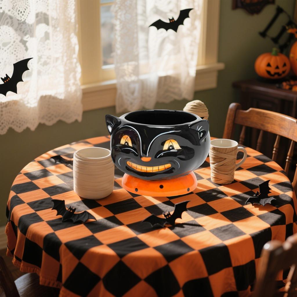 Retro Halloween, Smiling  Cat Candy Bowl, Snack Candy Jar, Halloween Drink And Dessert Cups, Ice Cream, Hot Cocoa, Etc.