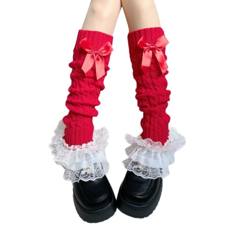 Cable Knit Leg Warmers Boot Cuffs with Bowknot Decorated Sweet Tiered Ruffled Lace Trim Leg Covers Calf Socks for Women