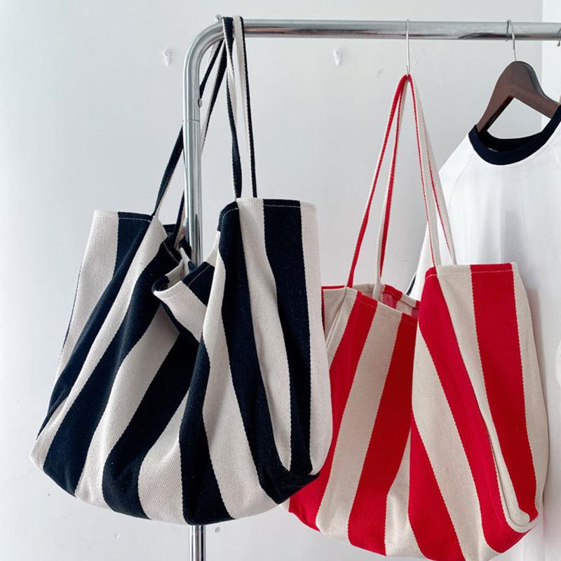 Große Canvas-Henkeltasche Damen Sommer Streifen Einfache Damen Freizeit-Handtasche Outdoor-Umhängetasche