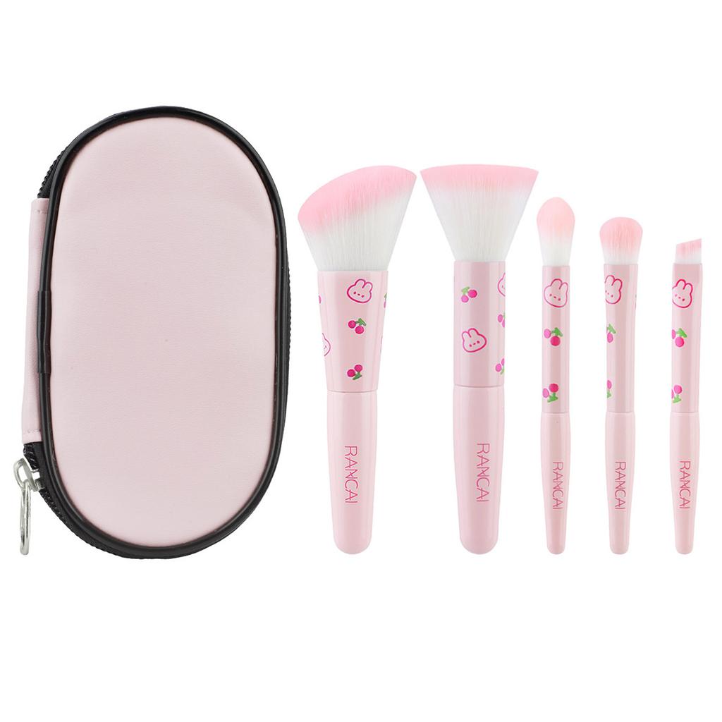 5Pcs Cute Compact Makeup Brush Set With Case Premium Brush for Flawless Foundation, Blush, Eyeshadow Application Beauty Tools