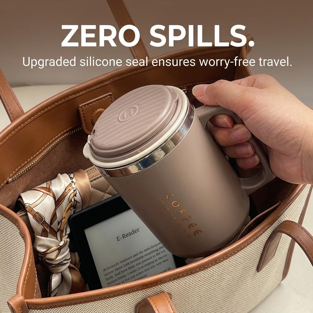 Insulated Coffee Travel Mug with Handle 304 Stainless Steel Thermal Tumbler Leakproof Thermos Water Bottle Dual Drink Straw Cup