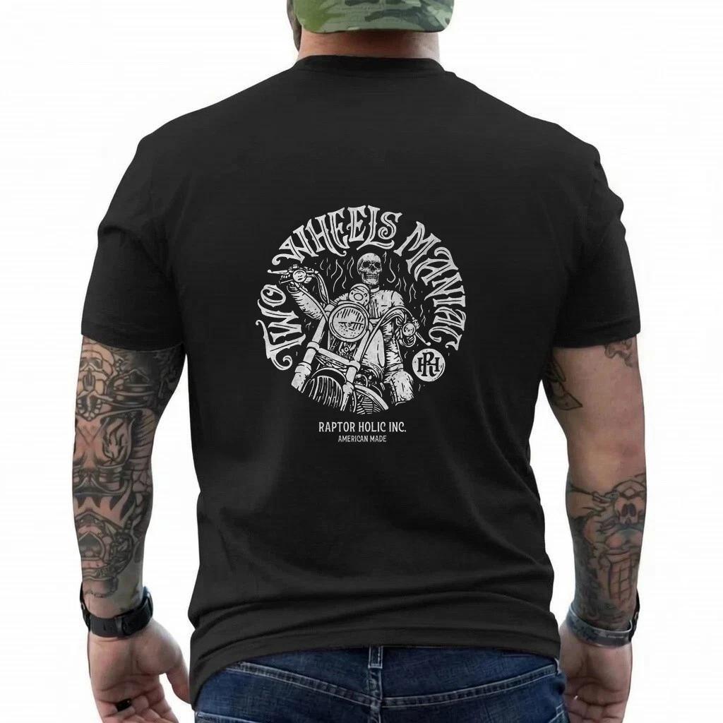 Two Wheels Maniac Skull Biker T-Shirt Motorcycle Graphic Tee Streetwear 4XL