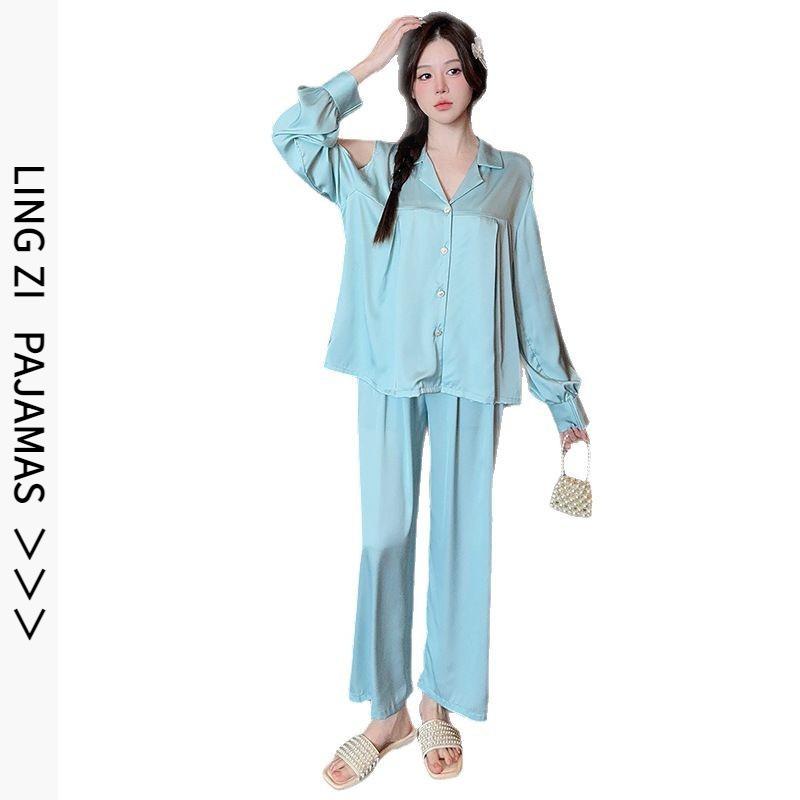 1011 New Ice Silk Pajamas Women's Hollow Shoulder Set Solid Color High-end Long-sleeved Trousers Loungewear Can Be Worn Outside