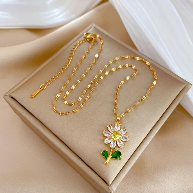 Gold Plated Sunflower Necklace for Women Jewelry Stainless Steel Zircon Big Pendant Necklace Luxury Choker Korea Style