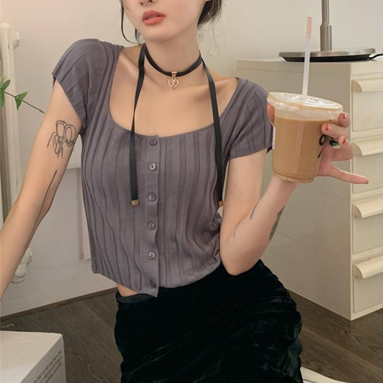 Versatile Large U-neck Pit Stripes Short Section Button Knit Cardigan Summer Slim Short-sleeved Blouse Female Casual Essential Slim Fit Pullovers Tees